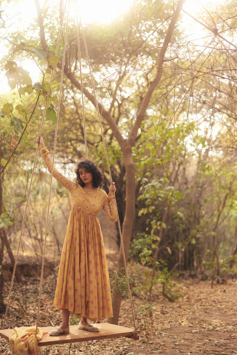 Harlow Anarkali Set-Yellow chanderi by Paulmi & Harsh in golden yellow for women in Singapore