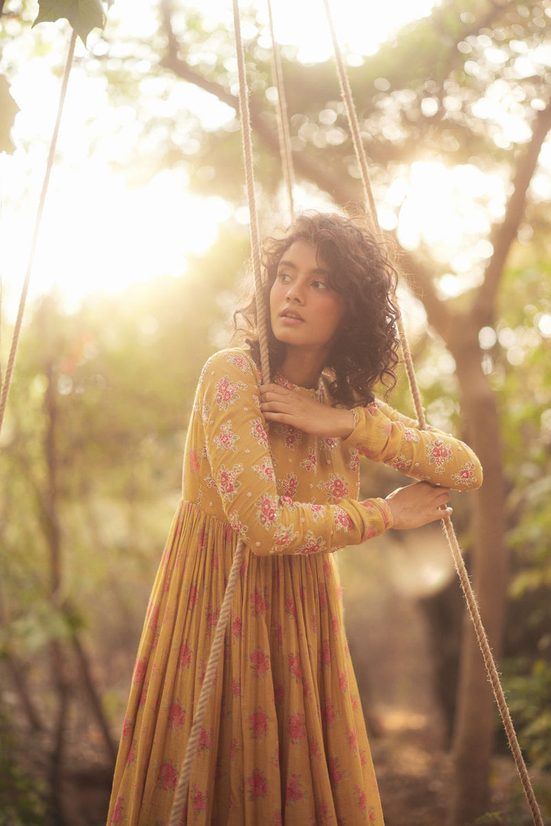 Harlow Anarkali Set-Yellow chanderi by Paulmi & Harsh in golden yellow for women in Singapore