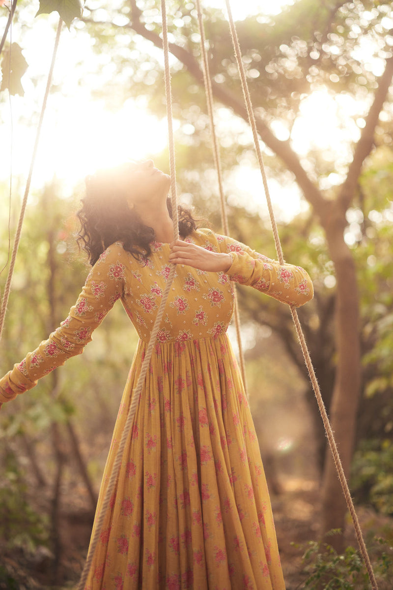 Harlow Anarkali Set-Yellow chanderi by Paulmi & Harsh in golden yellow for women in Singapore