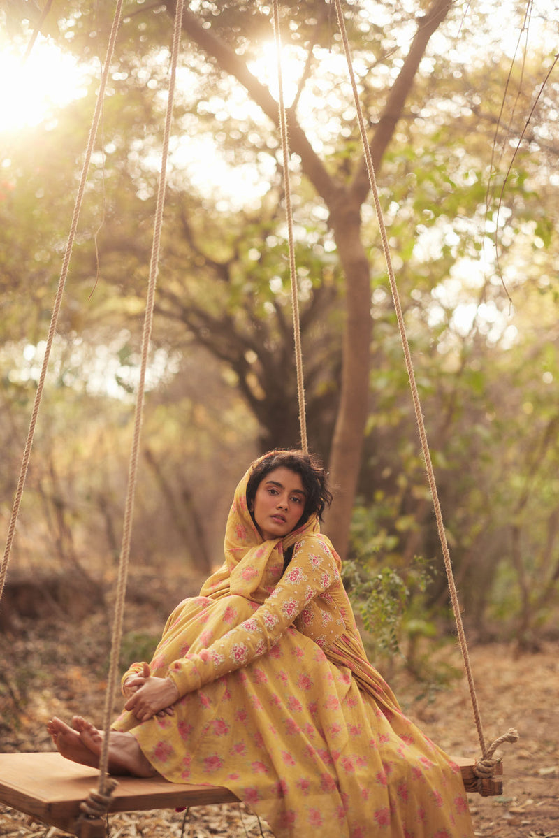 Harlow Anarkali Set-Yellow chanderi by Paulmi & Harsh in golden yellow for women in Singapore