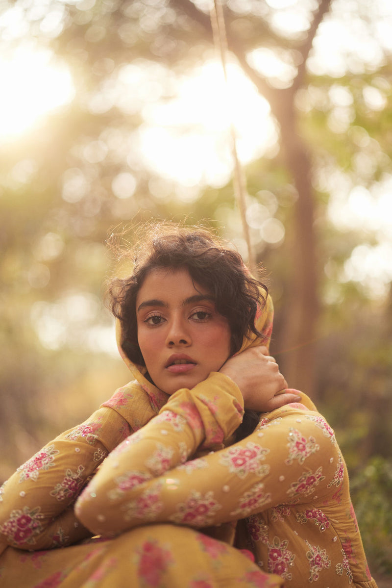 Harlow Anarkali Set-Yellow chanderi by Paulmi & Harsh in golden yellow for women in Singapore