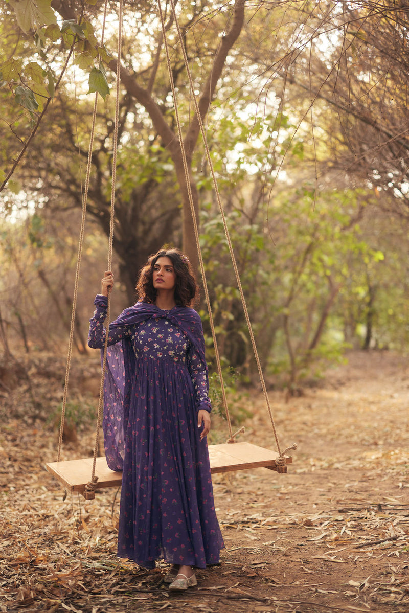 Harlow Anarkali Set-Grape chanderi by Paulmi & Harsh in green for women in Singapore