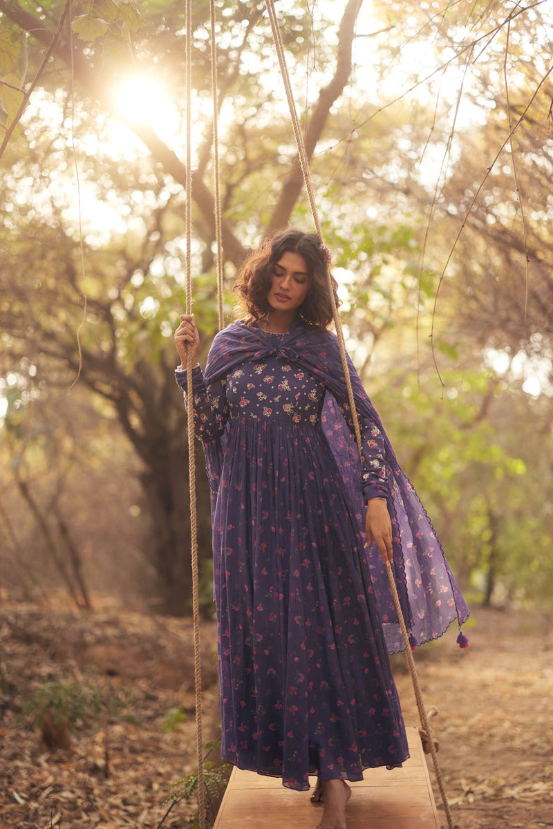 Harlow Anarkali Set-Grape chanderi by Paulmi & Harsh in green for women in Singapore