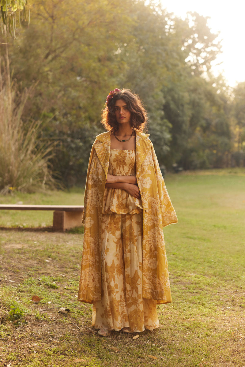 Anya Peplum Set chanderi by Paulmi & Harsh in golden yellow for women in Singapore