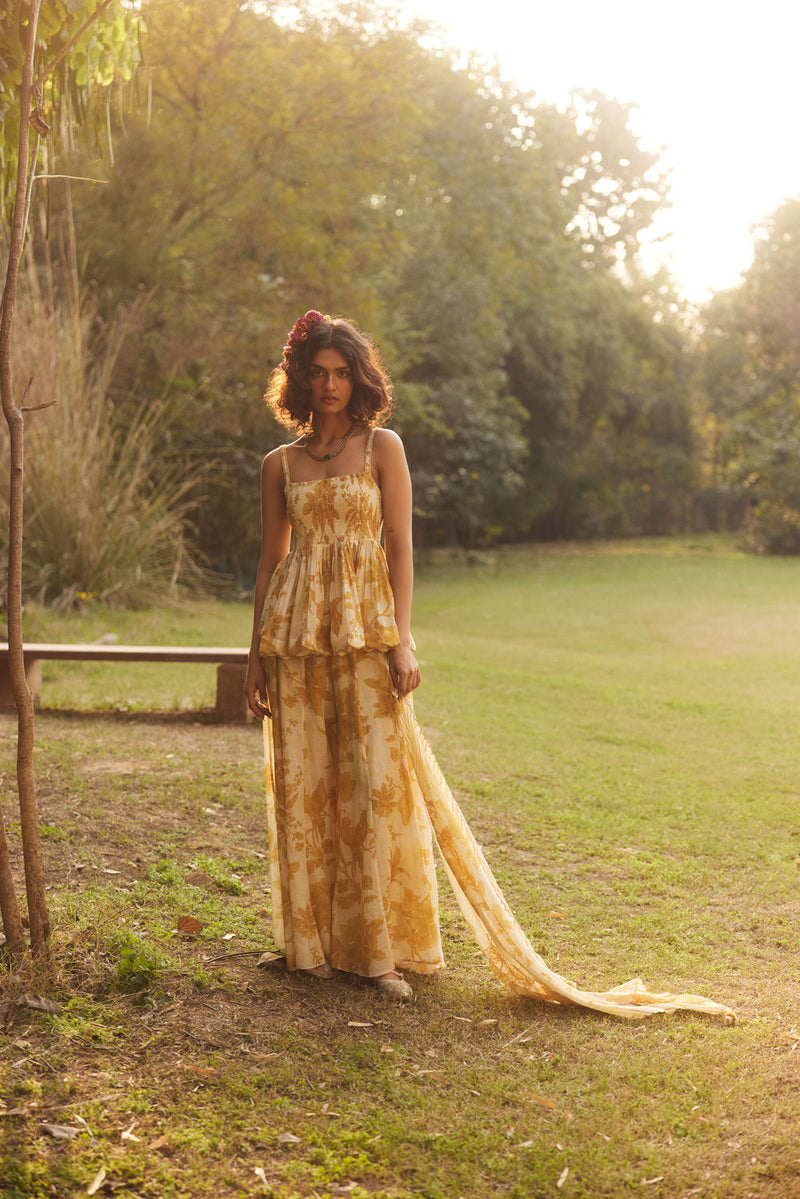 Anya Peplum Set chanderi by Paulmi & Harsh in golden yellow for women in Singapore