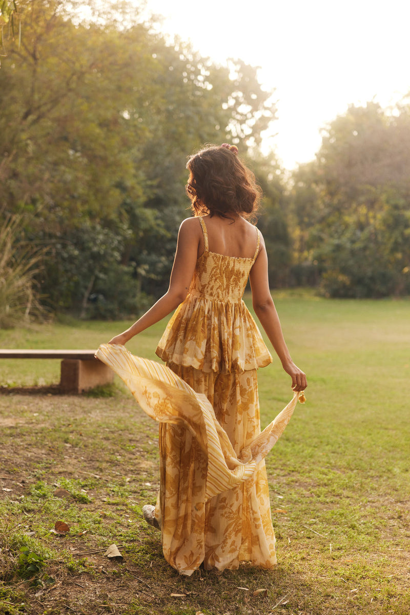 Anya Peplum Set chanderi by Paulmi & Harsh in golden yellow for women in Singapore