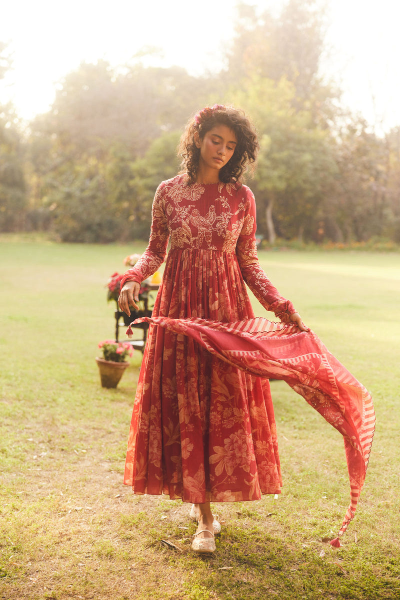 Lark Anarkali Set chanderi by Paulmi & Harsh in red for women in Singapore