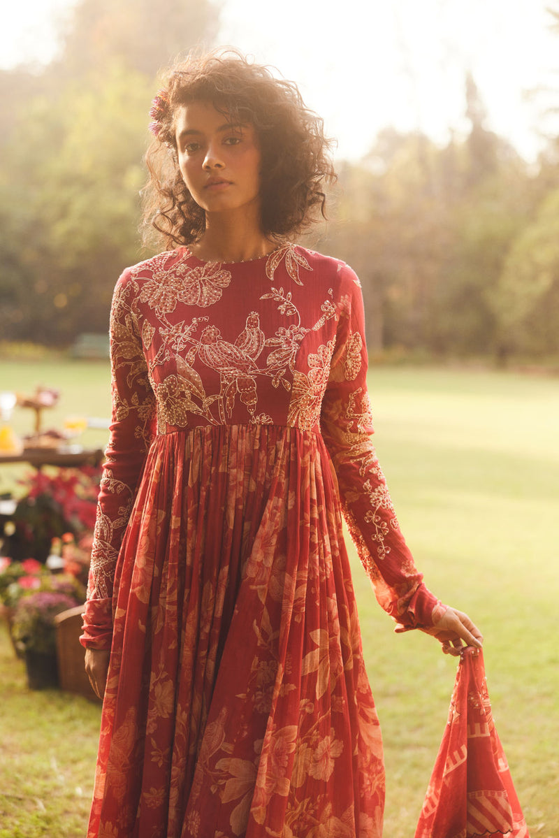 Lark Anarkali Set chanderi by Paulmi & Harsh in red for women in Singapore