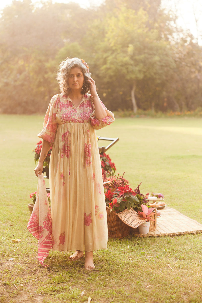 Lucy Maxi Dress Set chanderi by Paulmi & Harsh in ivory for women in Singapore