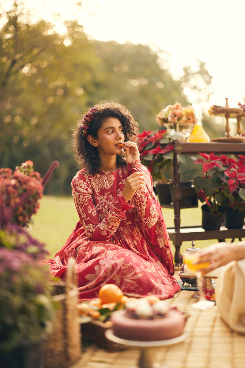 Lark Anarkali Set chanderi by Paulmi & Harsh in red for women in Singapore