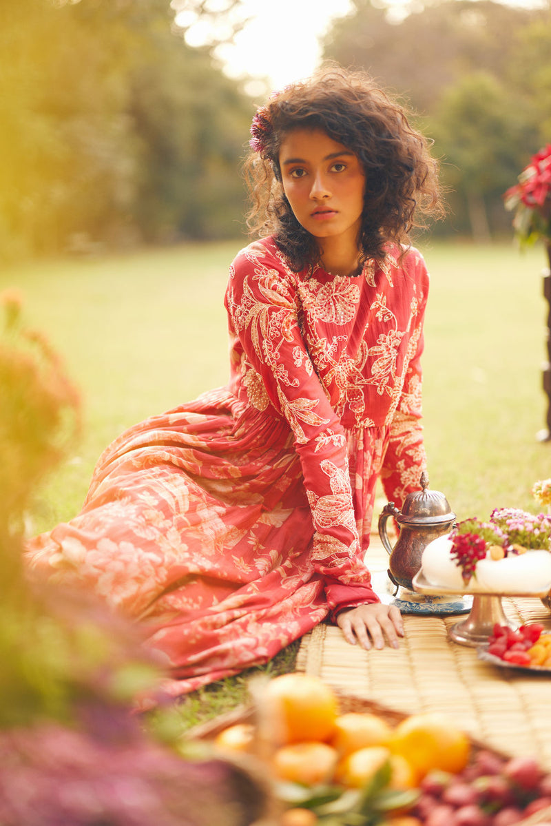 Lark Anarkali Set chanderi by Paulmi & Harsh in red for women in Singapore