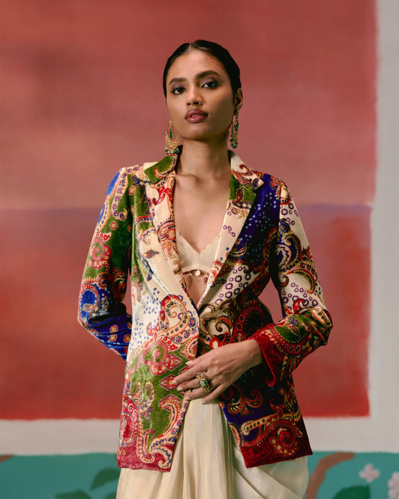 Paisley Blazer Dhoti Set Buy Paisley Blazer Dhoti Set from C&W | Co-Ord Sets for Women by Label Mogra in ecru color for women in Singapore