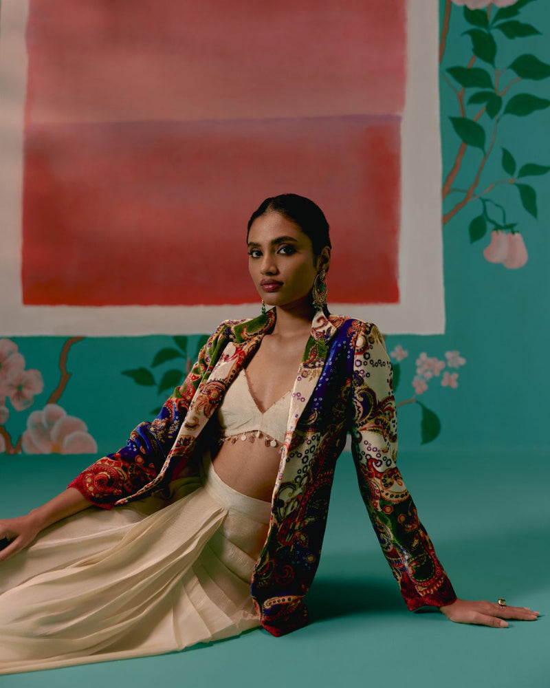 Paisley Blazer Dhoti Set Buy Paisley Blazer Dhoti Set from C&W | Co-Ord Sets for Women by Label Mogra in ecru color for women in Singapore