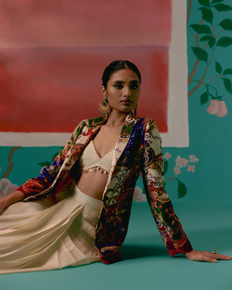 Paisley Blazer Dhoti Set Buy Paisley Blazer Dhoti Set from C&W | Co-Ord Sets for Women by Label Mogra in ecru color for women in Singapore