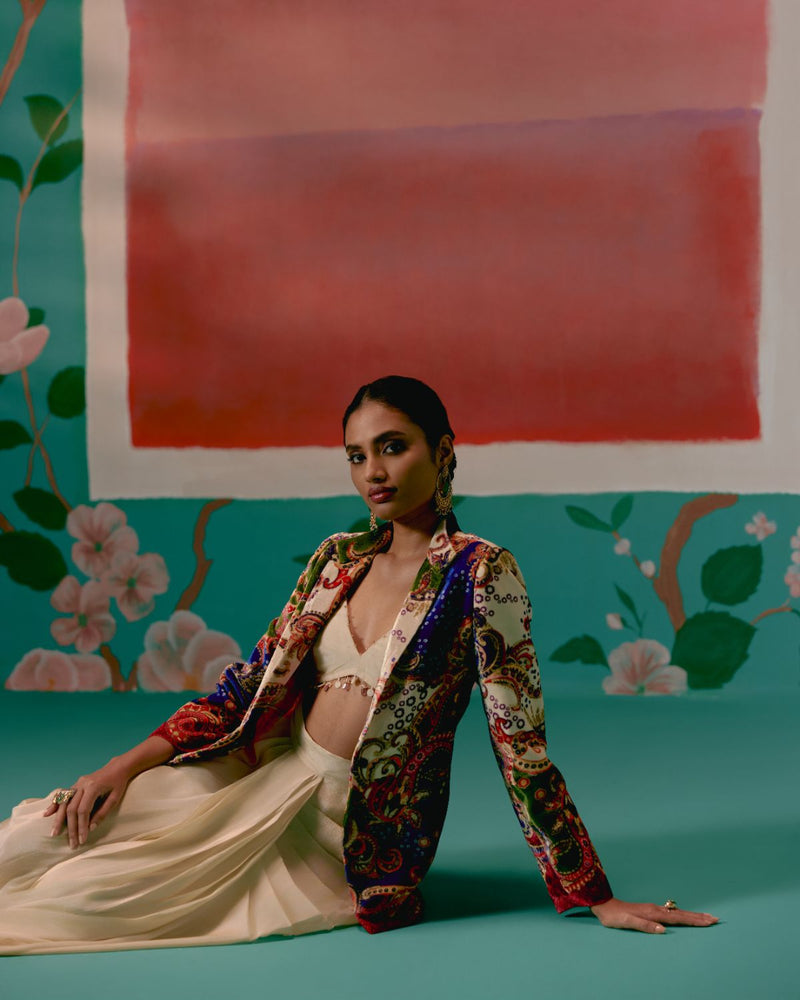 Paisley Blazer Dhoti Set Buy Paisley Blazer Dhoti Set from C&W | Co-Ord Sets for Women by Label Mogra in ecru color for women in Singapore