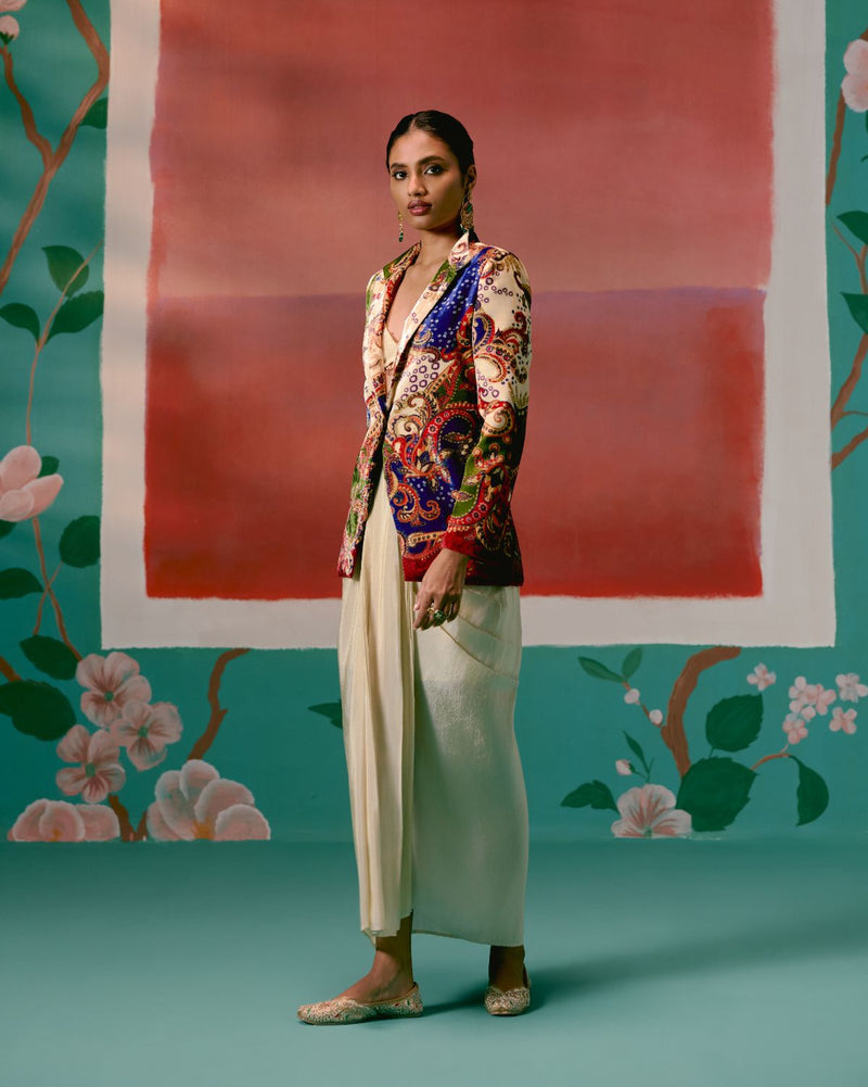 Paisley Blazer Dhoti Set Buy Paisley Blazer Dhoti Set from C&W | Co-Ord Sets for Women by Label Mogra in ecru color for women in Singapore