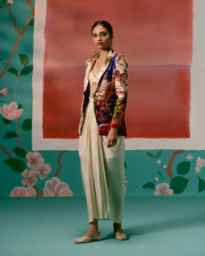 Paisley Blazer Dhoti Set Buy Paisley Blazer Dhoti Set from C&W | Co-Ord Sets for Women by Label Mogra in ecru color for women in Singapore