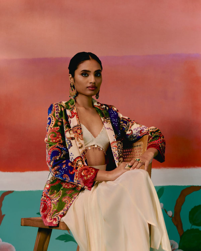 Paisley Blazer Dhoti Set Buy Paisley Blazer Dhoti Set from C&W | Co-Ord Sets for Women by Label Mogra in ecru color for women in Singapore
