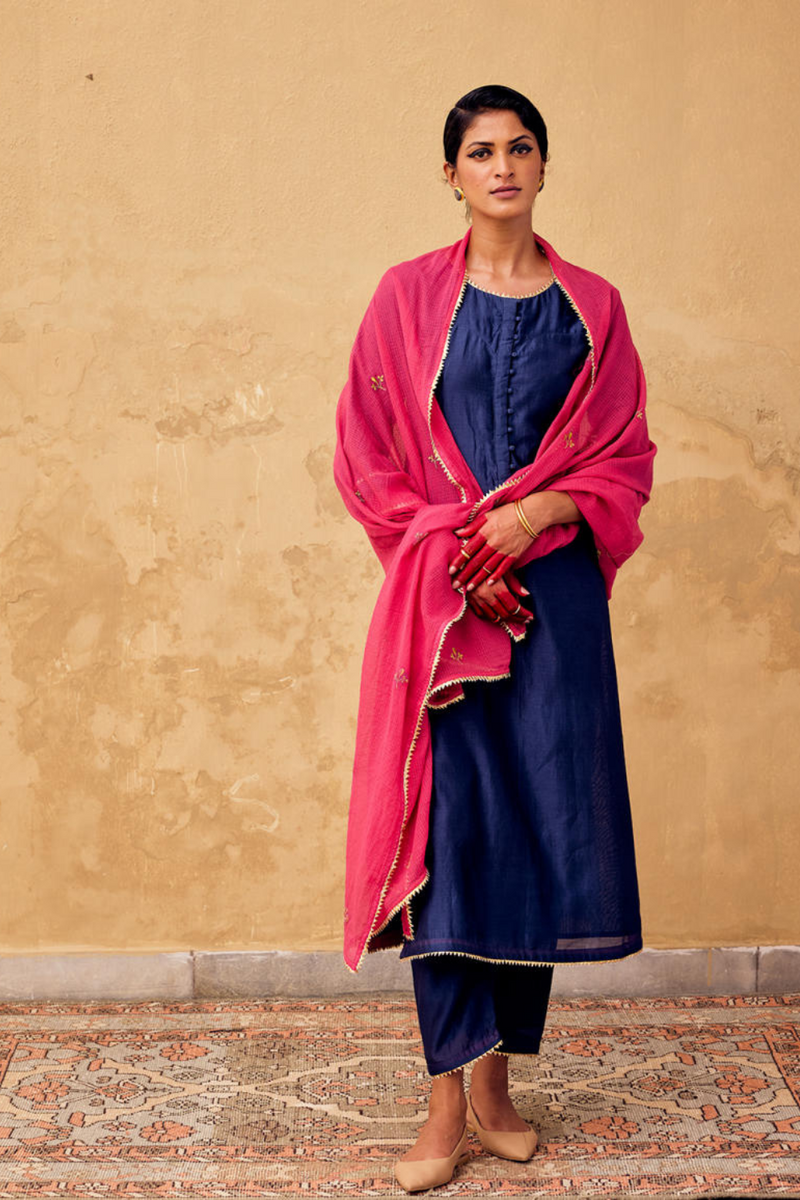 Pakheeza Suit Set with Dupatta chanderi by Khara Kapas in blue for women in Singapore