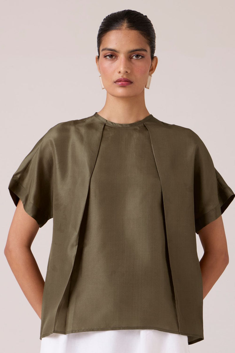 Pam Olive Silk Top silk by The Summer House in olive color for women in Singapore