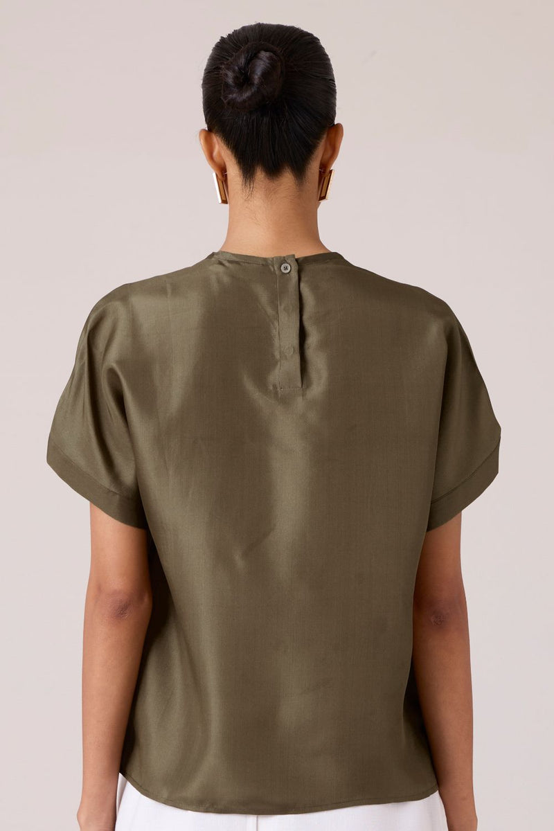 Pam Olive Silk Top silk by The Summer House in olive color for women in Singapore