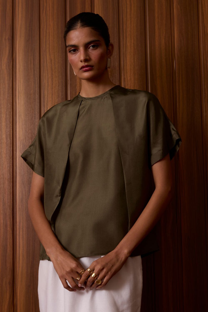 Pam Olive Silk Top silk by The Summer House in olive color for women in Singapore
