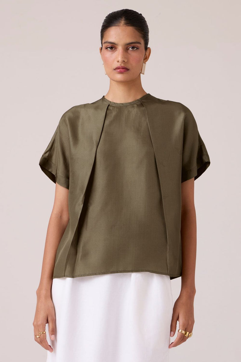 Pam Olive Silk Top silk by The Summer House in olive color for women in Singapore