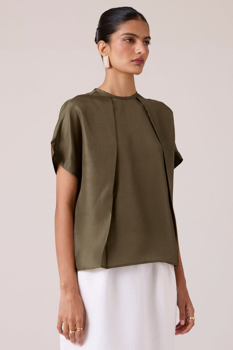 Pam Olive Silk Top silk by The Summer House in olive color for women in Singapore