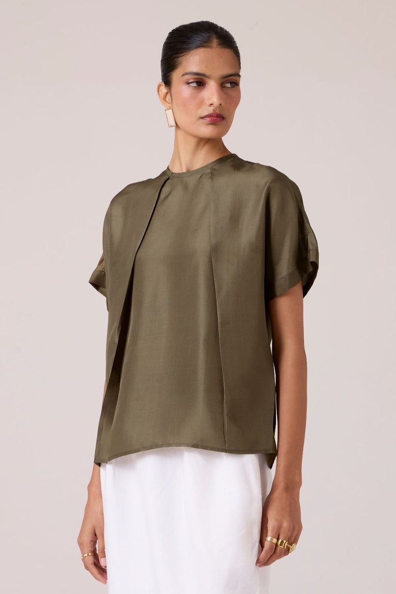 Pam Olive Silk Top silk by The Summer House in olive color for women in Singapore