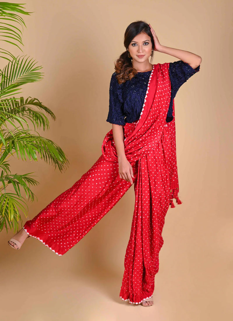 PANT SAREE-RED silk by Dyelogue in red color for women in Singapore