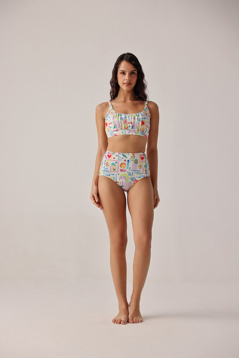 Paros Bikini Set-Seascape poly spandex resort wear by NOIB in multi-color for women in Singapore