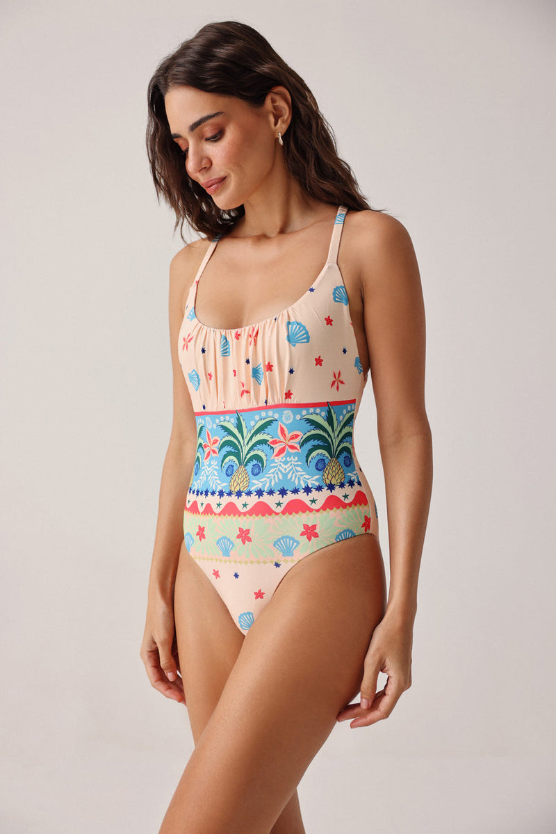 Paros Swimsuit-Ananas poly spandex resort wear by NOIB in pink for women in Singapore