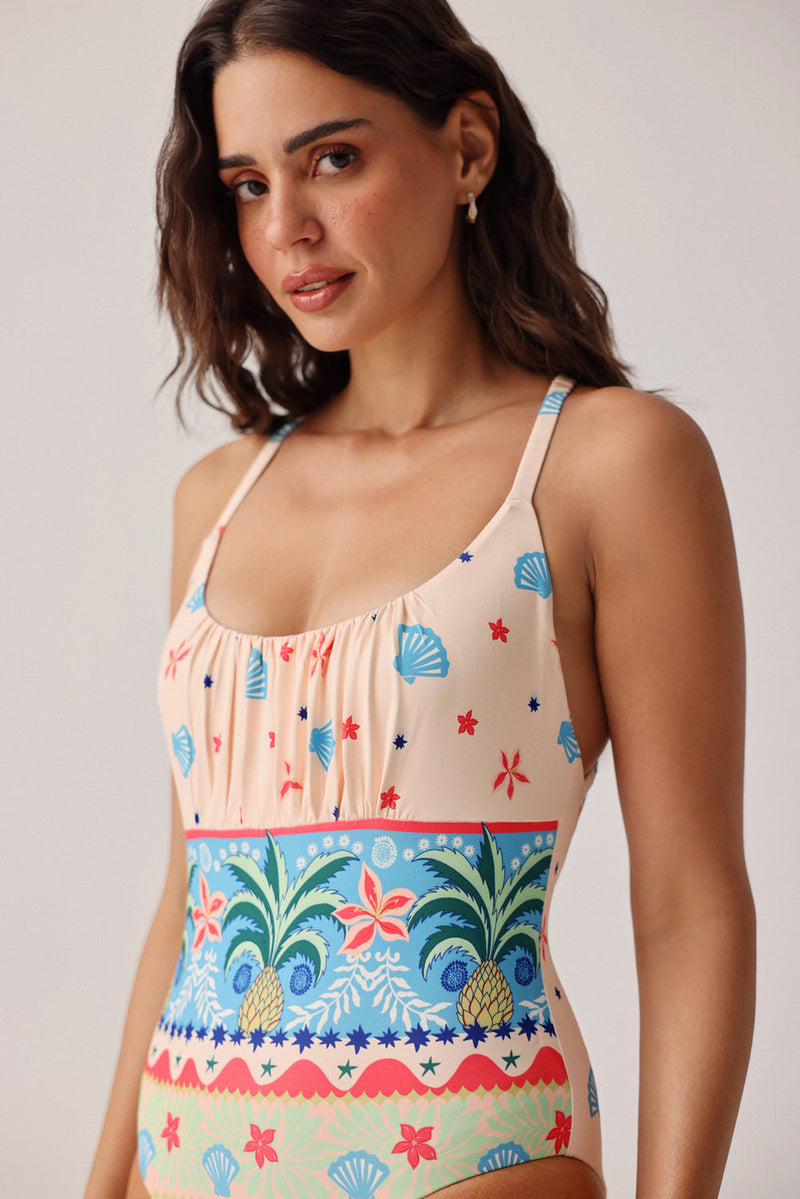 Paros Swimsuit-Ananas poly spandex resort wear by NOIB in pink for women in Singapore