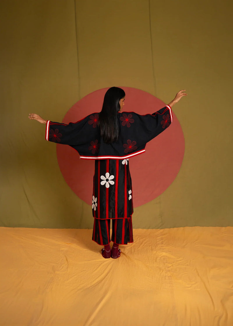 Patti Florist Pants-Black and red chanderi pant/trouser by Ka-Sha in red for women in Singapore