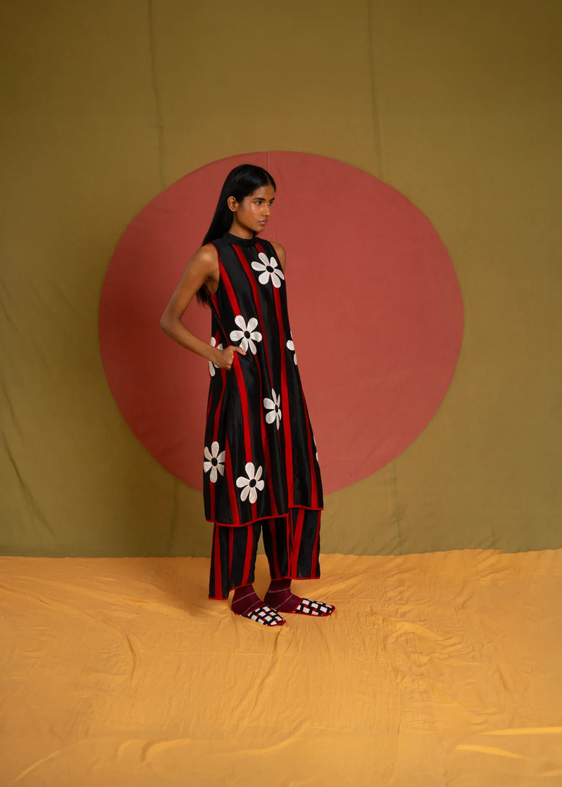 Patti Florist Tunic-Black and red chanderi tunics/kaftan by Ka-Sha in red for women in Singapore