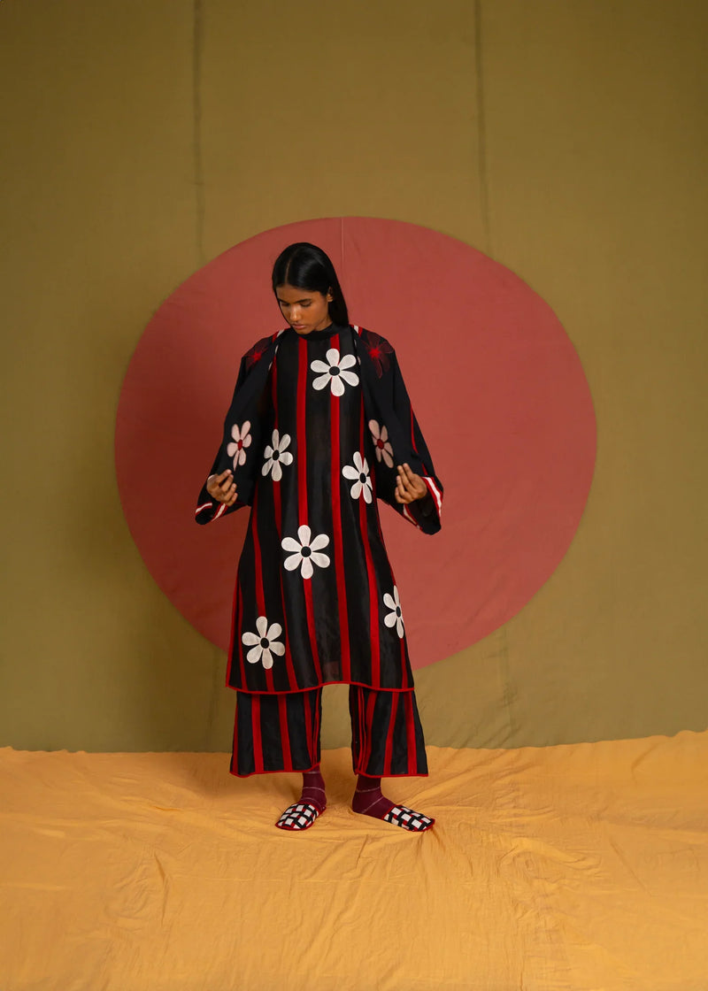 Patti Florist Pants-Black and red chanderi pant/trouser by Ka-Sha in red for women in Singapore