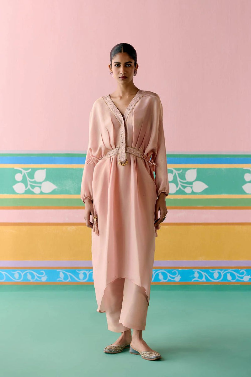 Peach Embroidered Kaftan Set (Long) tissue Buy Peach Embroidered Kaftan Set (Long) from C&W | Co-Ord Sets for Women by Label Mogra in peach color for women in Singapore
