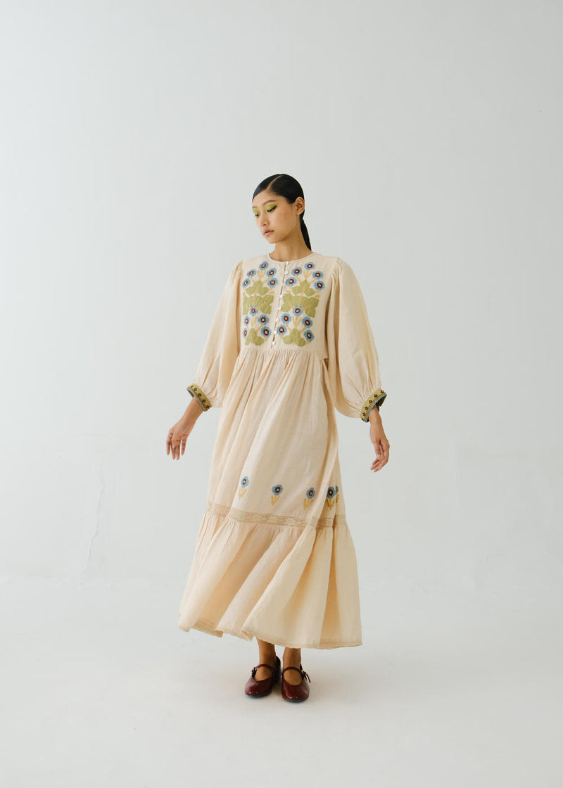 Peasant dress-Ivory Pixel Applique linen by CORD for women in Singapore
