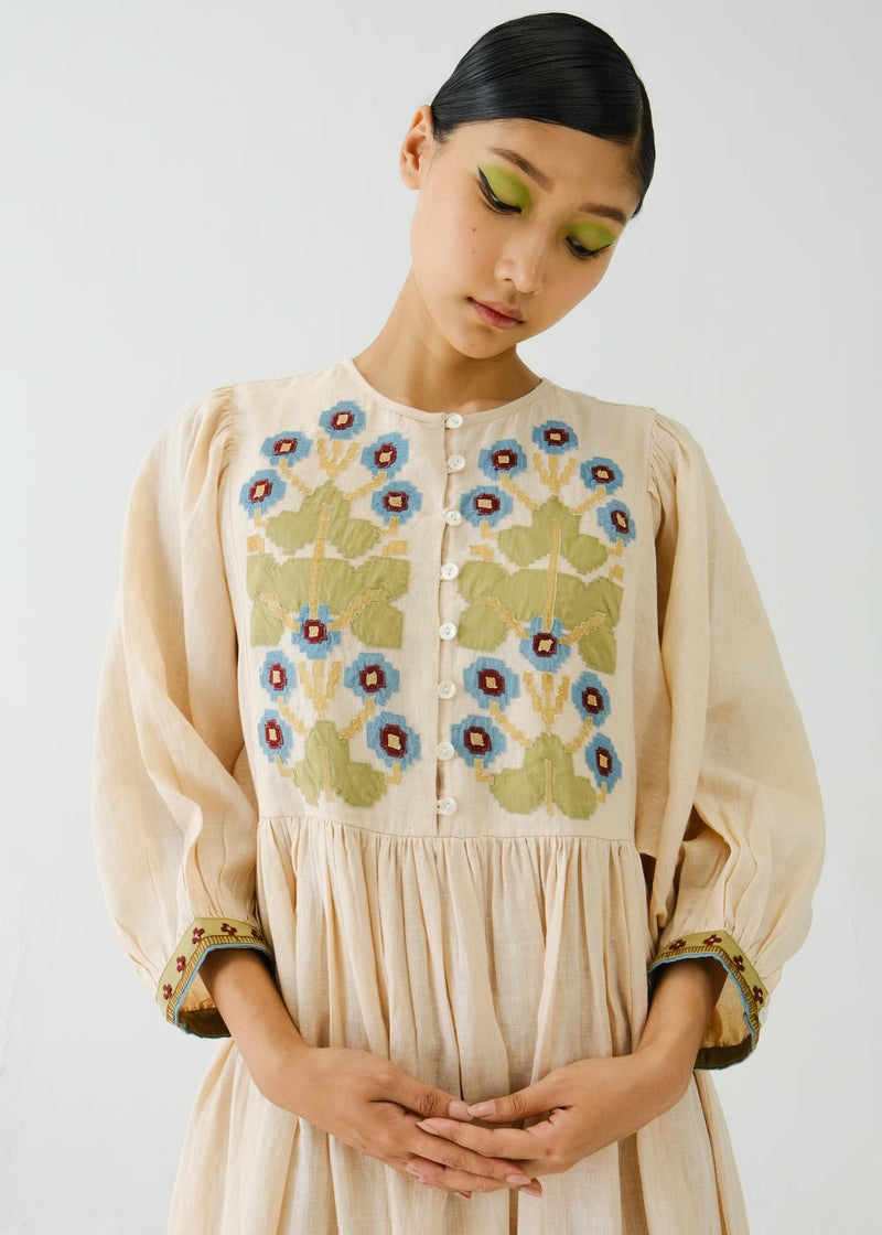 Peasant dress-Ivory Pixel Applique linen by CORD for women in Singapore