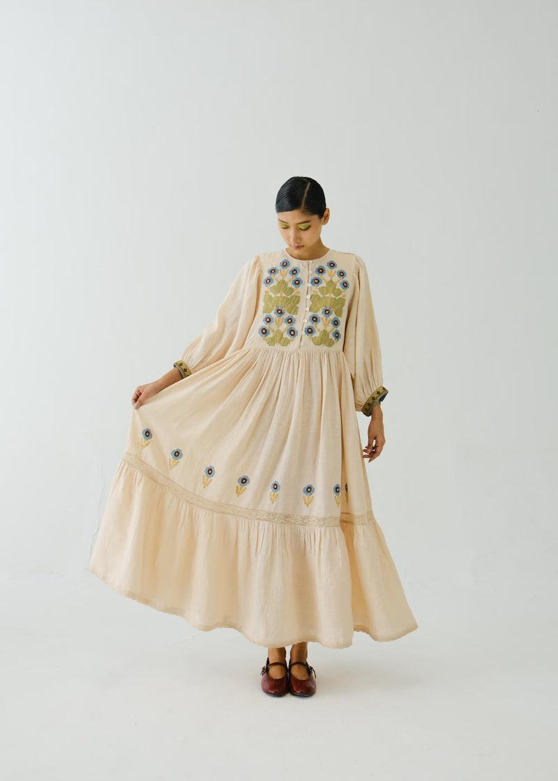 Peasant dress-Ivory Pixel Applique linen by CORD for women in Singapore