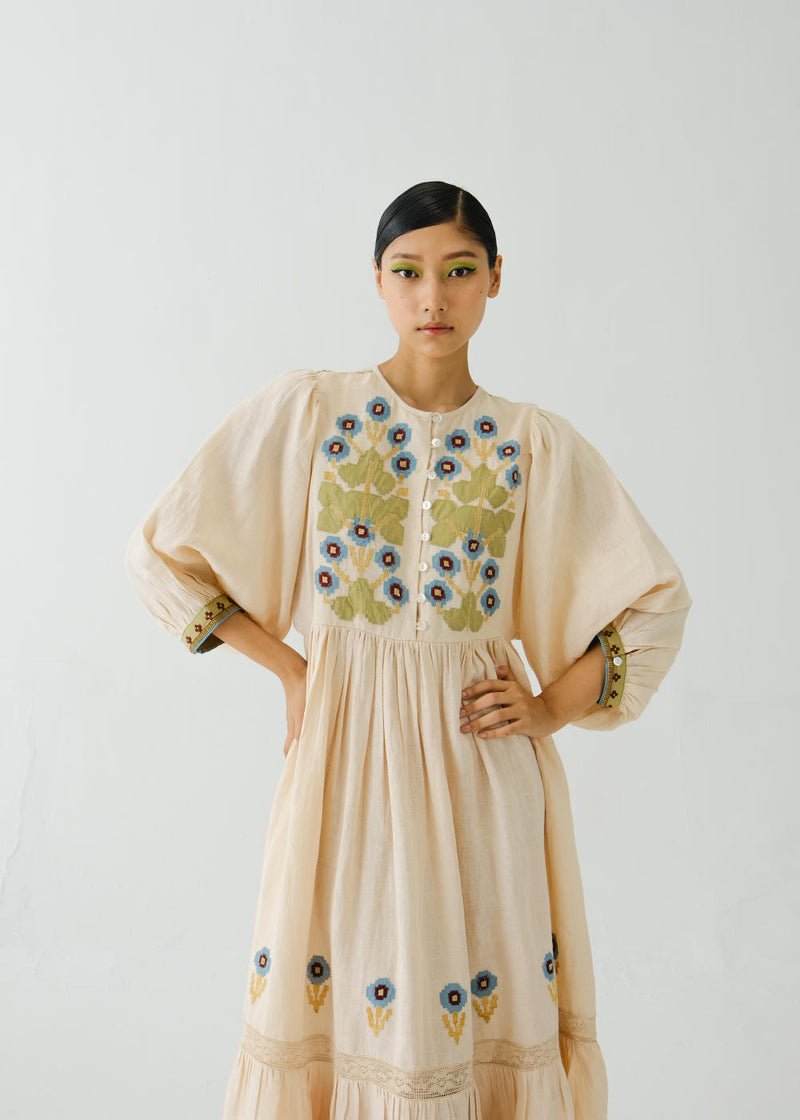 Peasant dress-Ivory Pixel Applique linen by CORD for women in Singapore