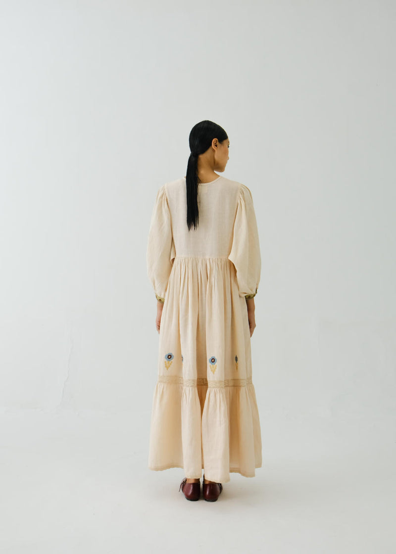Peasant dress-Ivory Pixel Applique linen by CORD for women in Singapore
