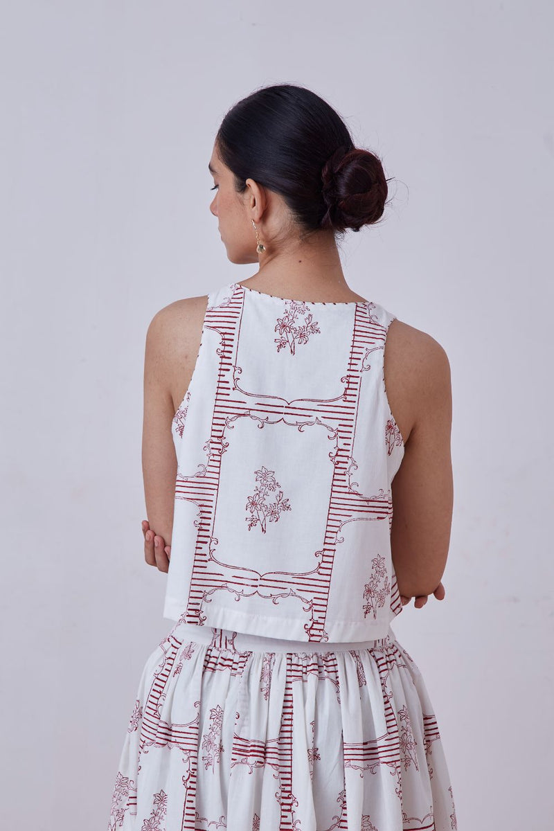 Penelope Red Hand Printed Top cotton cambric top/shirt by The Summer House for women in Singapore