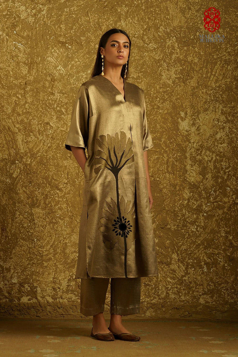 Peony Bloom' applique caftan dress burnt gold zari kurta/kurta set by Malika Mathur in copper for women in Singapore