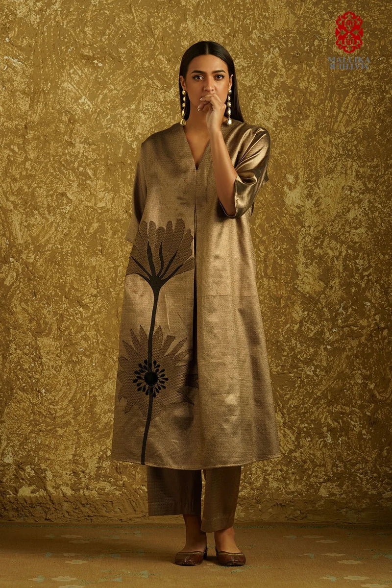 Peony Bloom' applique caftan dress burnt gold zari kurta/kurta set by Malika Mathur in copper for women in Singapore