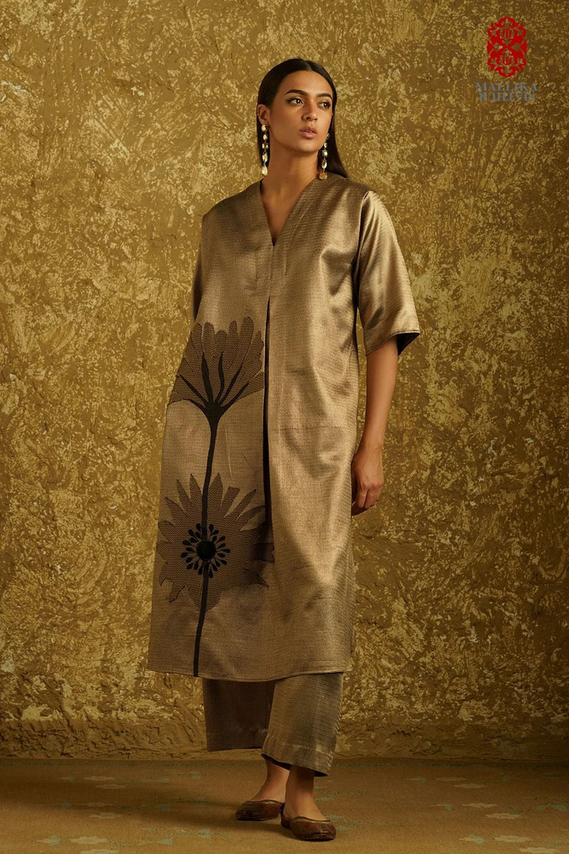 Peony Bloom' applique caftan dress burnt gold zari kurta/kurta set by Malika Mathur in copper for women in Singapore