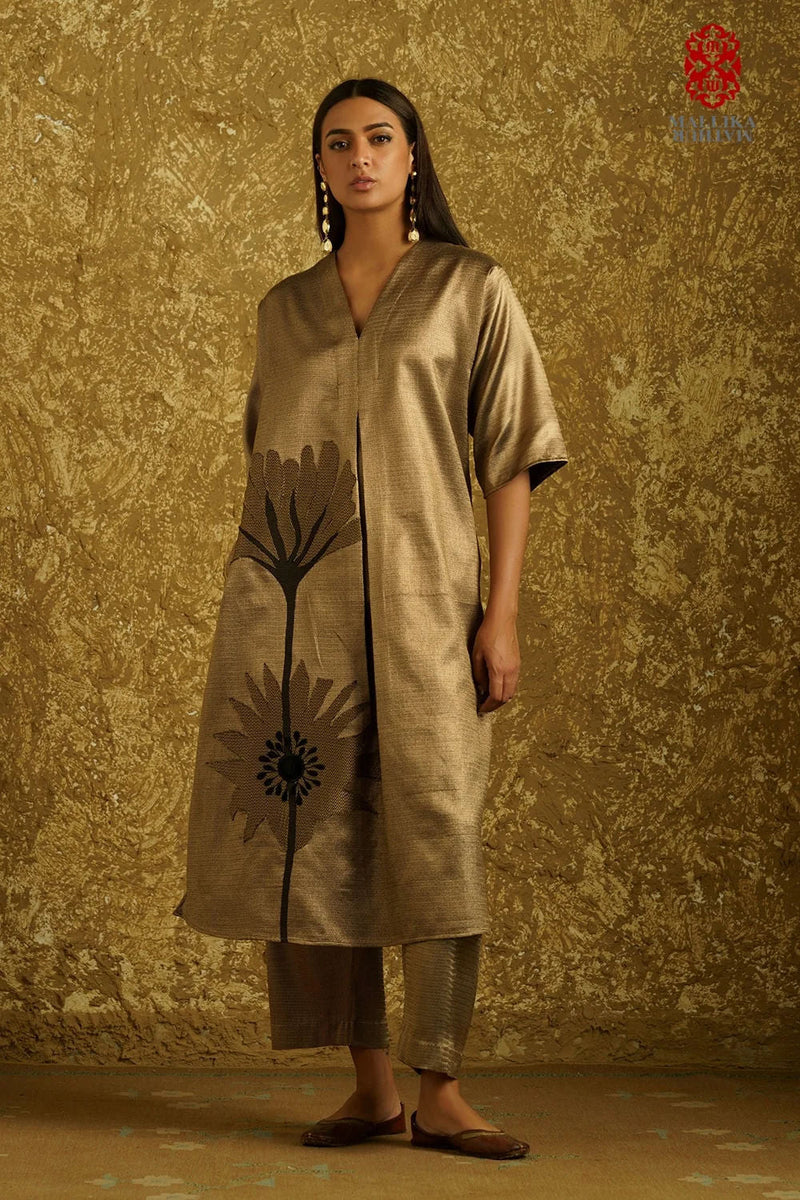 Peony Bloom' applique caftan dress burnt gold zari kurta/kurta set by Malika Mathur in copper for women in Singapore
