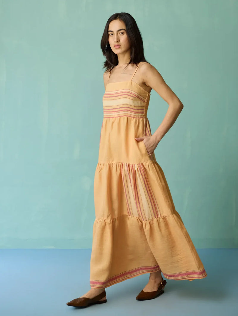 Pera Border Linen Tiered Dress - Apricot linen dress by Manan in apricot for women in Singapore
