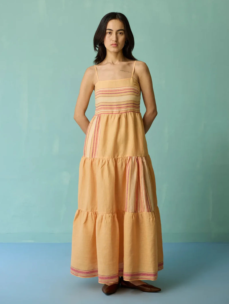 Pera Border Linen Tiered Dress - Apricot linen dress by Manan in apricot for women in Singapore