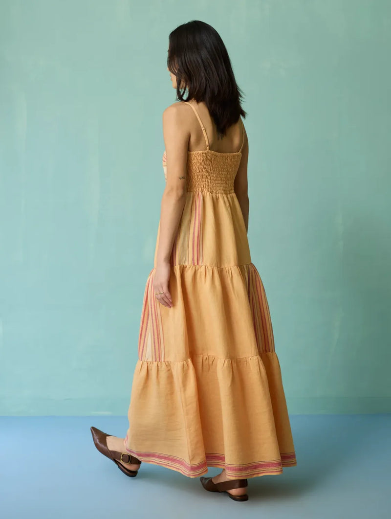 Pera Border Linen Tiered Dress - Apricot linen dress by Manan in apricot for women in Singapore